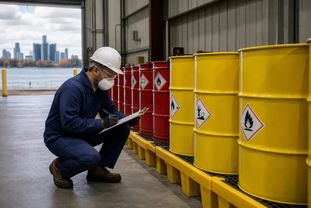 Safety professional inspecting labeled hazardous waste management drums at a Michigan industrial facility for compliance