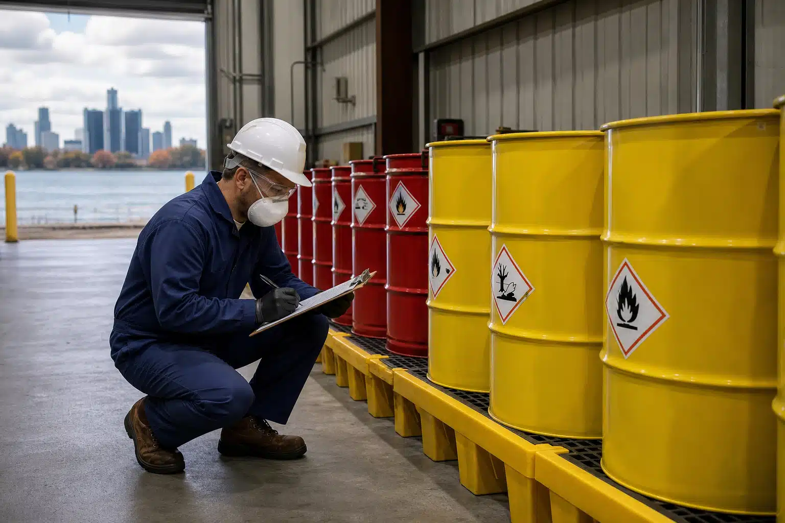 Safety professional inspecting labeled hazardous waste management drums at a Michigan industrial facility for compliance