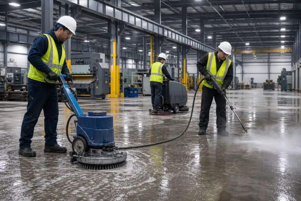 Industrial cleaning services crew pressure washing and scrubbing the floor of a large Michigan manufacturing facility