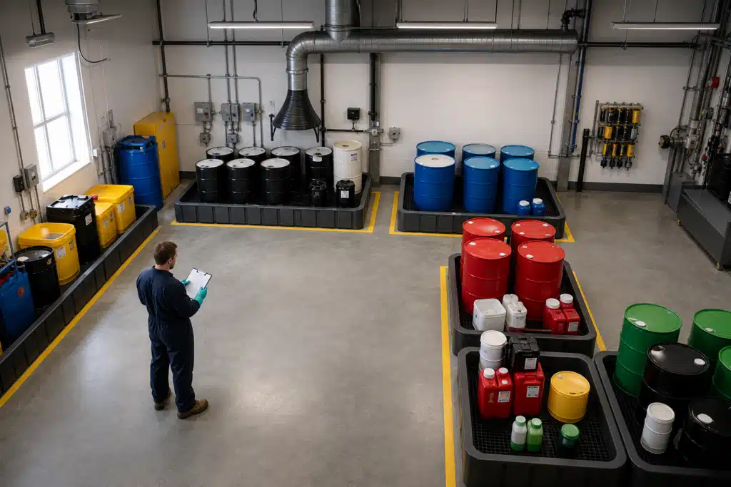 Overhead view of a color-coded hazardous waste management storage area with containment pallets at a Michigan business facility