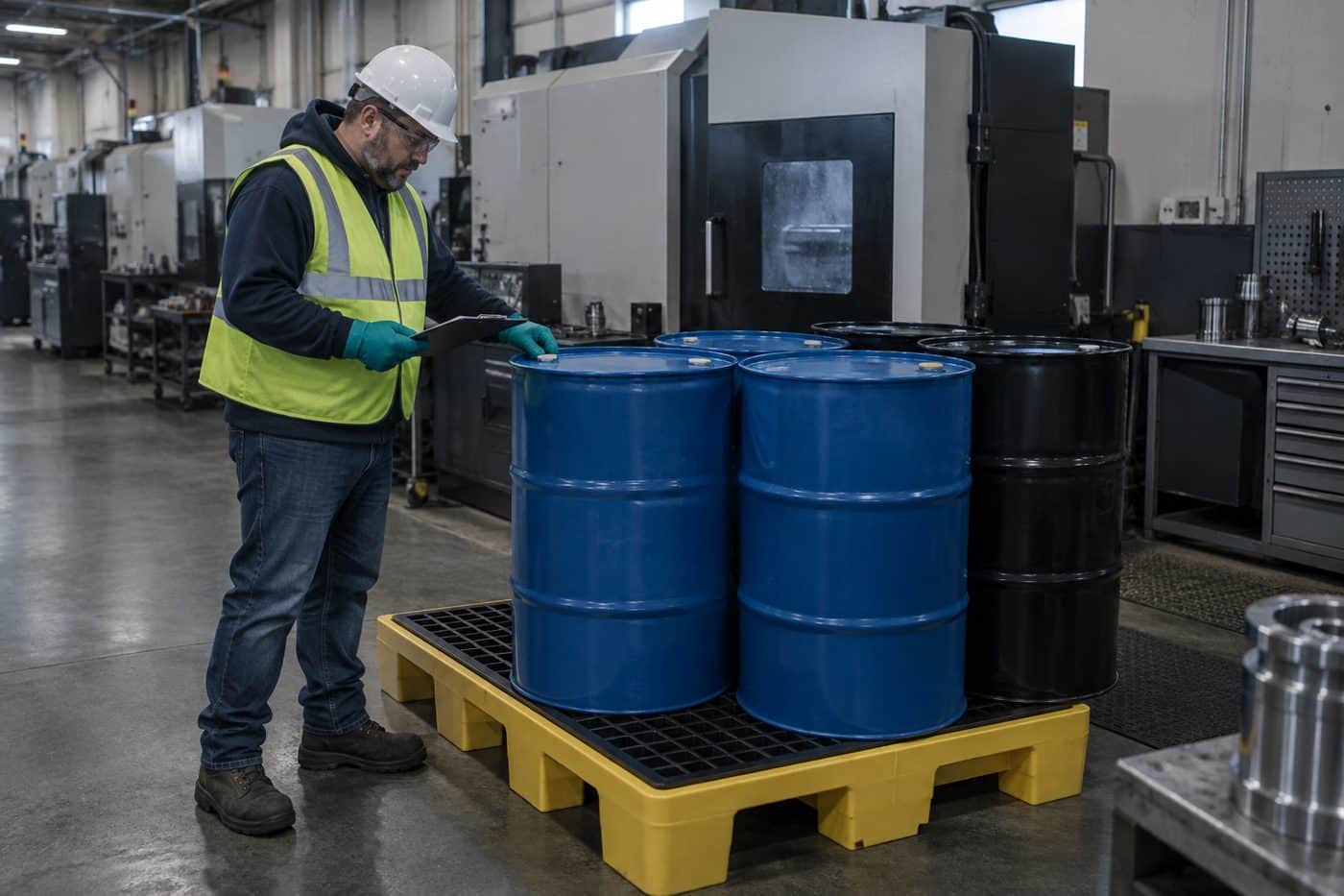 Worker in full PPE inspecting sealed coolant drums on a spill containment pallet in a Michigan machine shop