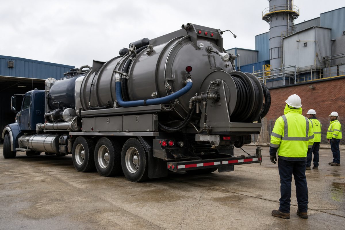 Industrial vacuum tanker truck parked outside a Michigan manufacturing plant with crew in full PPE