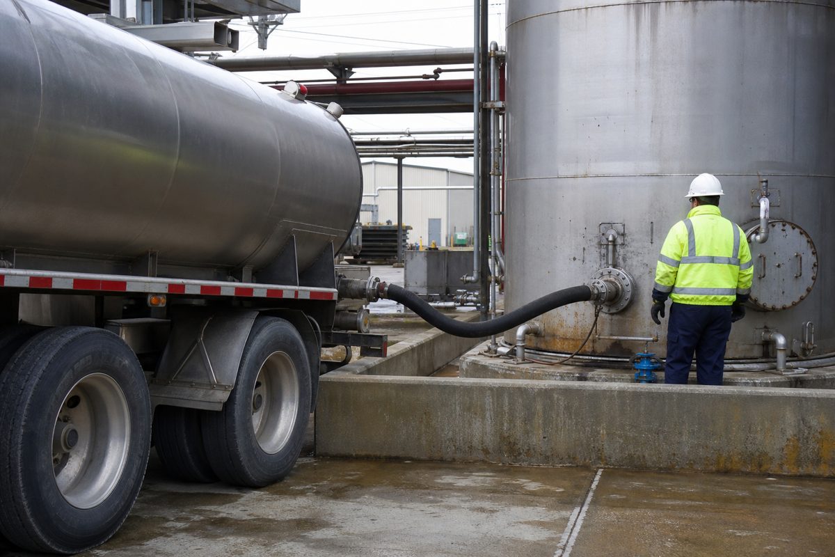 Liquid waste tanker truck connected by transfer hose to a bulk holding tank at a Michigan industrial facility