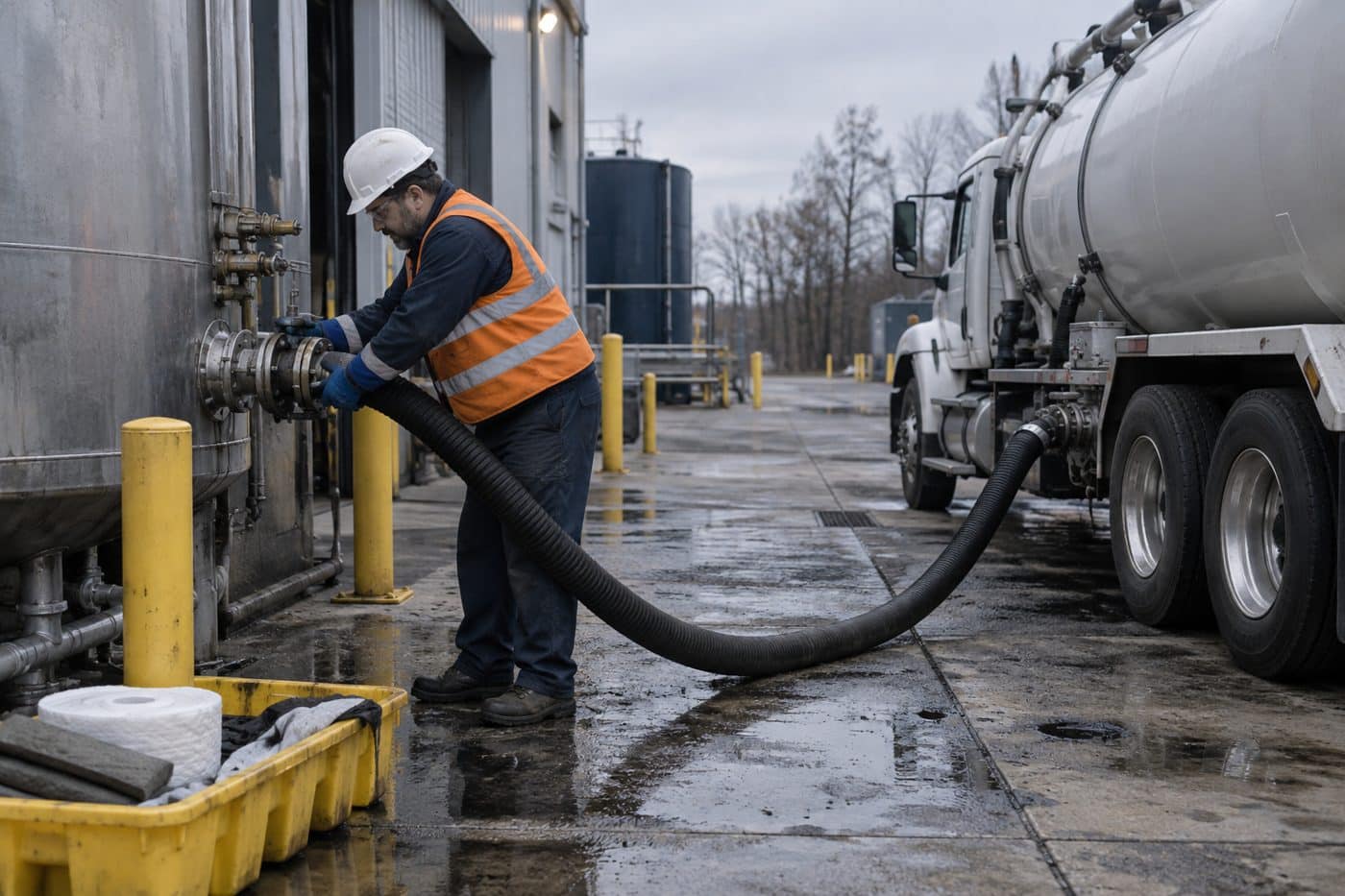Technician in hard hat, safety glasses and gloves connecting a vacuum hose to a used oil tank for pumpout into a vacuum tanker at a Michigan plant